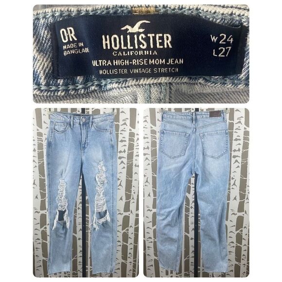 Hollister Ultra High-Rise Mom Jean Super Distressed Light Wash sz W24 L27 - Picture 1 of 11